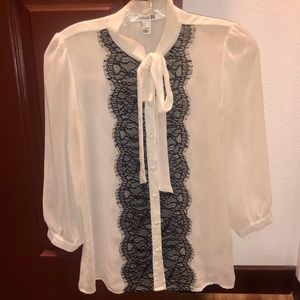 Forever 21 Tie Neck Lace Trim Button-Down Blouse S